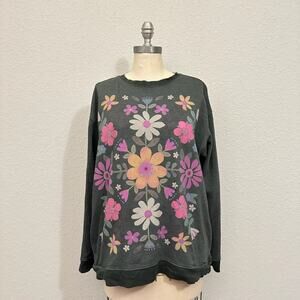 NATURAL LIFE Comfy Pocket Sweatshirt Gray Floral Pullover Crewneck Boho